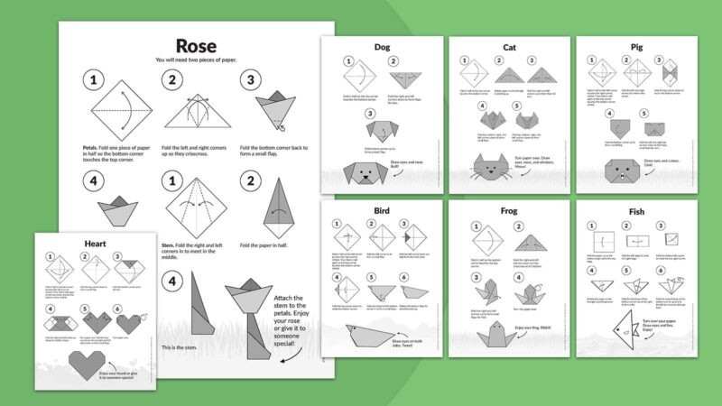 Origami Feature A selection of printable origami instruction sheets on a green background, including various animals and other objects.