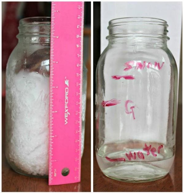 Winter Science Water kcedventures Glass jar of snow, measured with a ruler, next to a glass jar of melted snow water marked with measurements