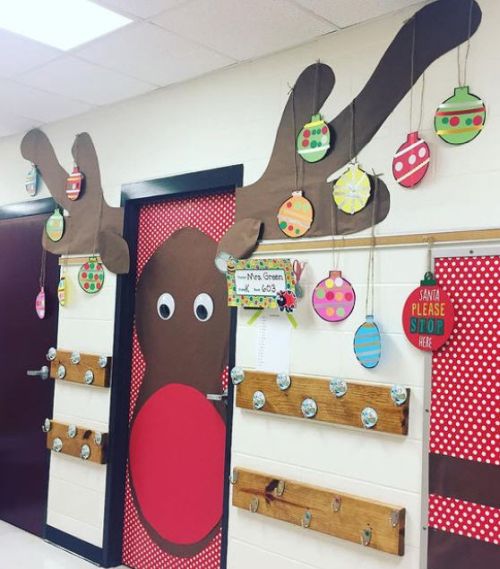 Winter Classroom Doors: Giant Reindeer Winter classroom doors include this one decorated with a giant reindeer head, with ornaments hanging from the antlers