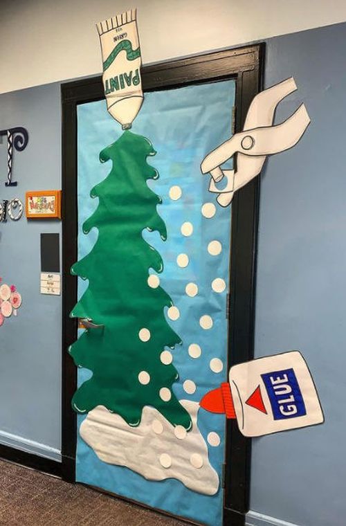 Winter Classroom Doors: Art Supplies Classroom door decorated with a wintry scene and art supplies (Winter Classroom Door)