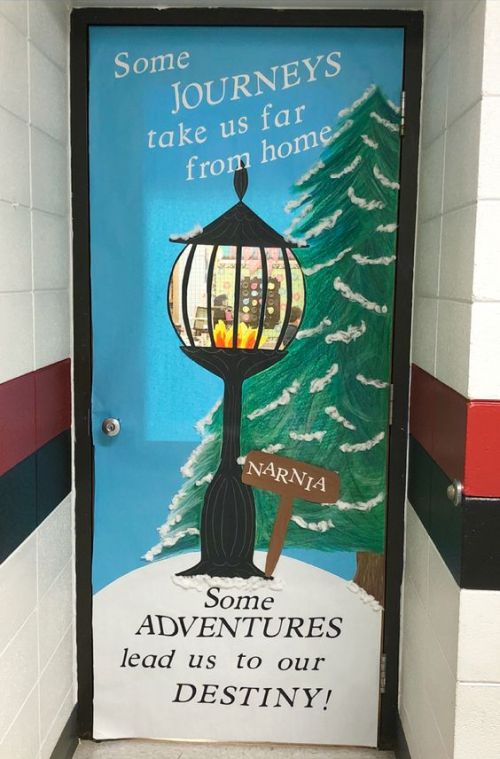 Winter Classroom Doors: Narnia Classroom door decorated with a streetlight and snowy pine and a sign showing the way to Narnia