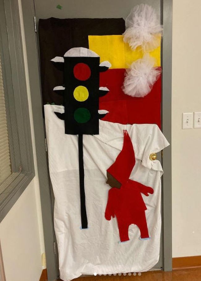 Winter Classroom Doors: Snowy Day Classroom door decorated with a scene from the book Snowy Day