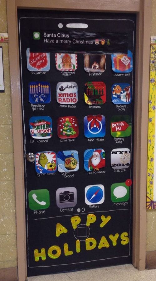 Winter Classroom Doors: Apps Winter classroom doors include this one that is made to look like a phone with apps on it.