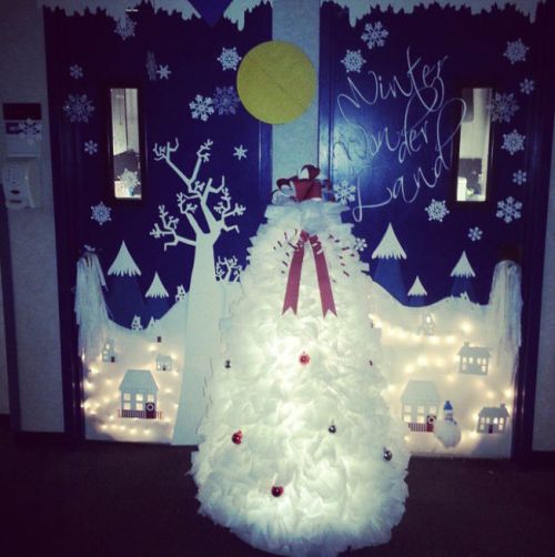 Winter Classroom Doors: Double Wonderland Winter classroom doors include these two classroom doors decorated with blue and white to look like a lighted winter landscape