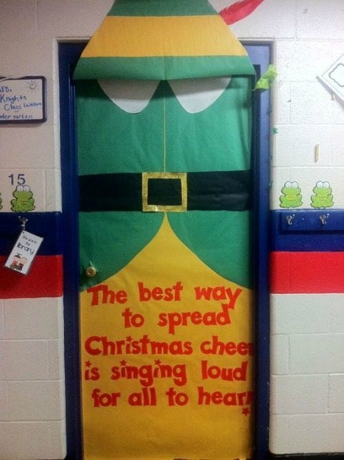 Winter Classroom Doors: ELF A door is decorated to look like Buddy the Elf from the movie Elf.