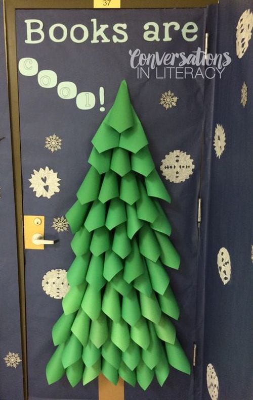 Winter Classroom Doors Conversations in Literacy1 A door is decorated to look like a large Christmas tree.