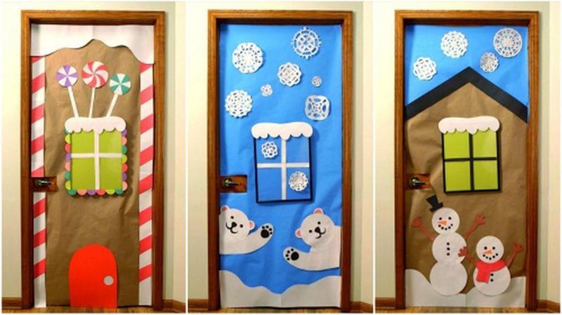 Winter Classroom Doors Poster Frame Three classroom doors are shown decorated with presents, polar bears, and snowmen.