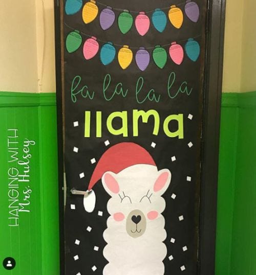 Winter Classroom Doors: Llama Winter Classroom Doors include this one with a llama with a santa hat on.