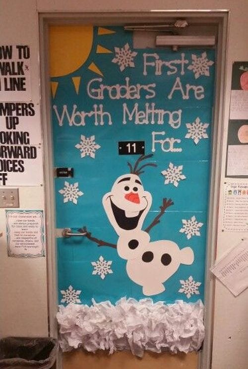 Winter Classroom Doors: Olaf Winter classroom doors include this one that has a cut out of Olaf from Frozen on it.