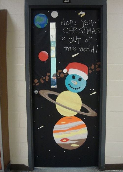 Winter Classroom Doors: Planet Snowman Winter classroom doors include this one with a black background and a snowman made up of planets.