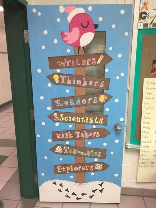 Winter Classroom Doors: Bird on a Sign Winter Classroom Doors include this one with a sign and a cardinal sitting on the top.