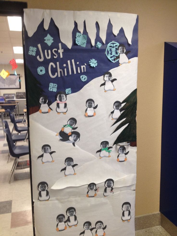 Winter Classroom Doors: Little Penguins Holiday classroom doors include this one decorated to look like a snowy slope, with penguins with pictures of students' faces
