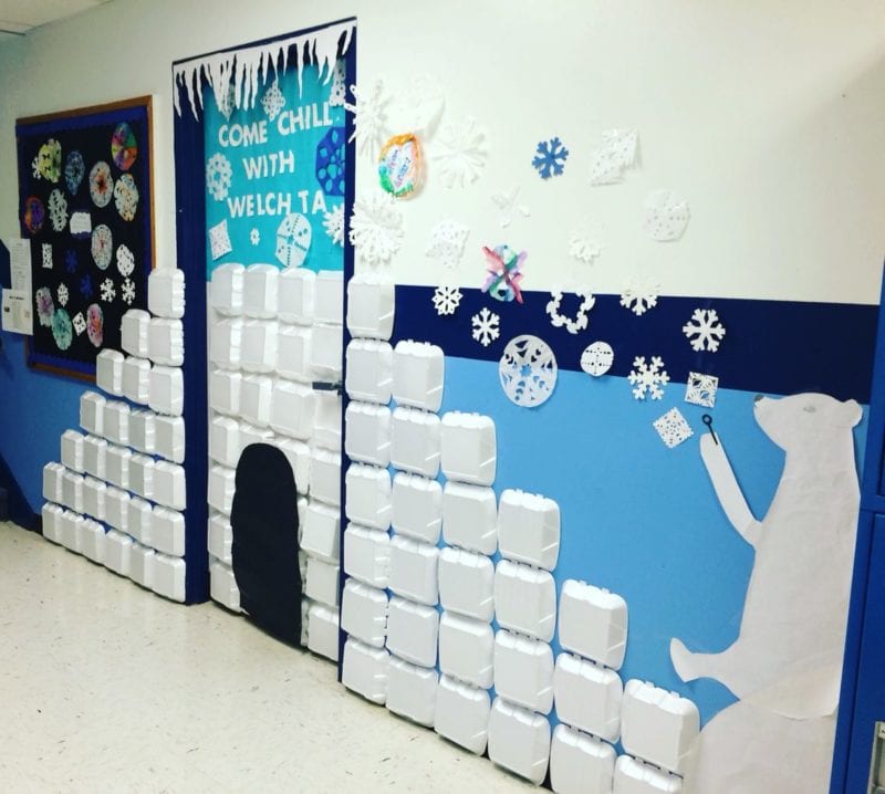 Winter Classroom Doors: Igloo Classroom door decorated to look like an igloo using foam takeout containers
