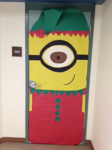 Winter Classroom Door: Minion Door with decor of a minion wearing Holiday decor