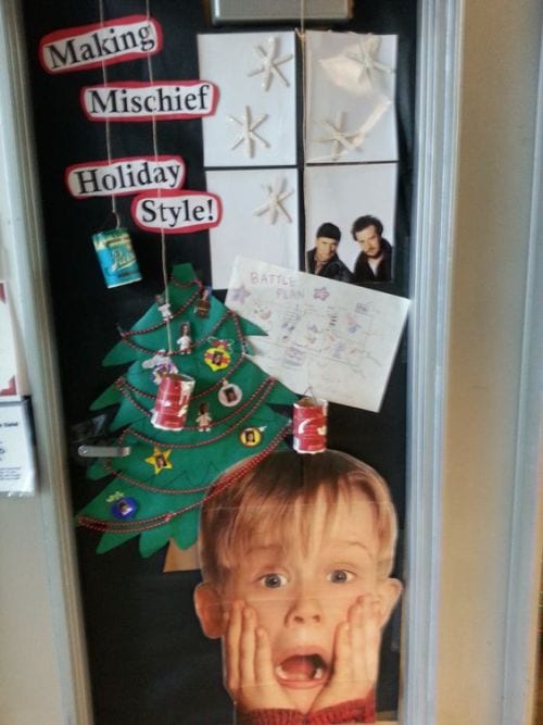 Winter Classroom Doors: Home Alone Classroom door decorated with images from the movie Home Alone, with text reading