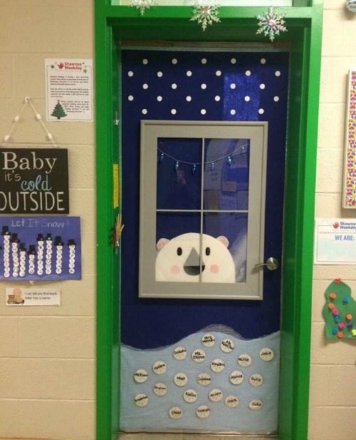 Winter Classroom Doors: Polar Bear Holiday classroom doors include this one decorated with a window with a polar bear peeking through