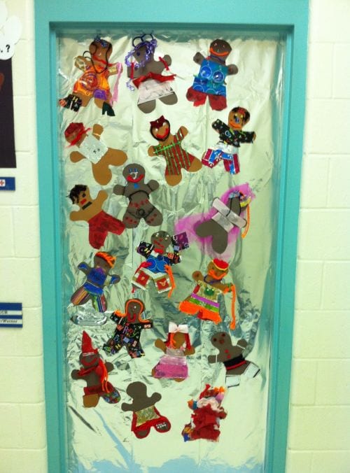 Winter Classroom Doors: Little Gingerbread Men Holiday classroom doors include this one decorated with foil to look like a baking pan, with individually decorated gingerbread men