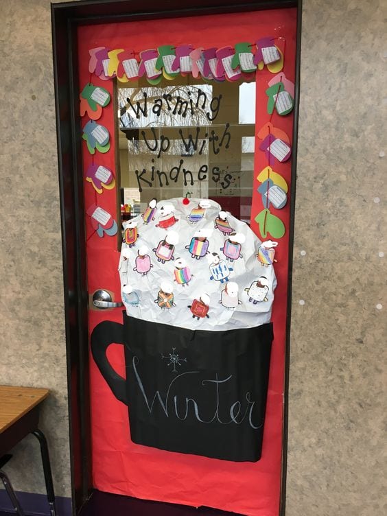 Winter Classroom Doors: Hot Chocolate Holiday classroom doors are decorated with a large mug of hot chocolate and mittens