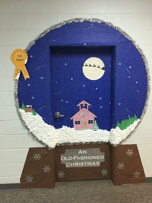 Winter Classroom Doors: Snowglobe A door is decorated to look like a snonwglobe.
