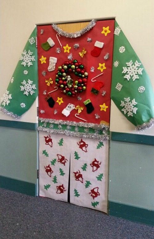 Winter Classroom Doors: Holiday Sweater A door is decorated to look like an ugly sweater.