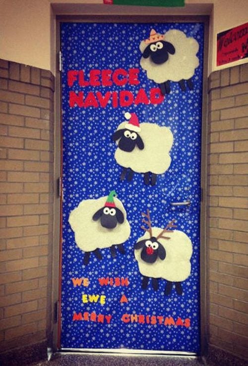Winter Classroom Doors: Sheep Classroom door decorated with large lambs and text reading Fleece Navidad: We Wish Ewe a Merry Christmas- holiday classroom doors