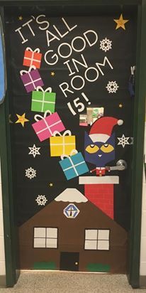 Winter Classroom Doors: Pete the Cat Pete the Cat and Christmas presents on door