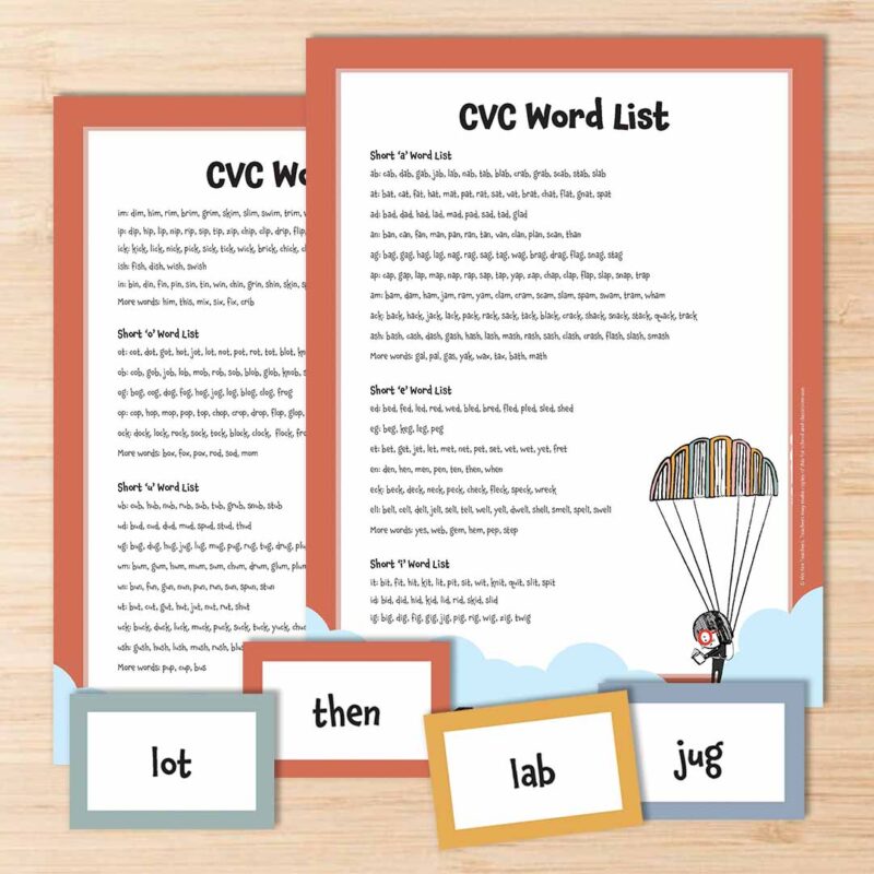 CVC Word Lists and Flashcards Two printable CVC word lists on a desk with CVC word flashcards.