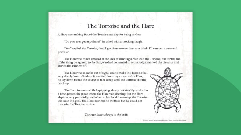 Aesop’s Fable: The Tortoise and the Hare Aesop's Fable The Tortoise and the Hare printable with turtle illustration on green background.