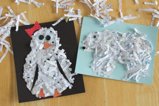 paper-shreds-pictures Winter animal pictures made on construction paper with shredded paper on top