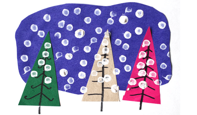 snowy-day-collage A winterscape made from construction paper and finger paints