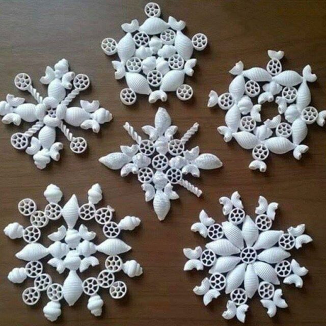 pasta-snowflakes Snowflake ornaments made from pasta shells