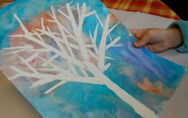 winter-tree A beautiful white winter tree on a watercolor blue background as an example of classroom winter crafts