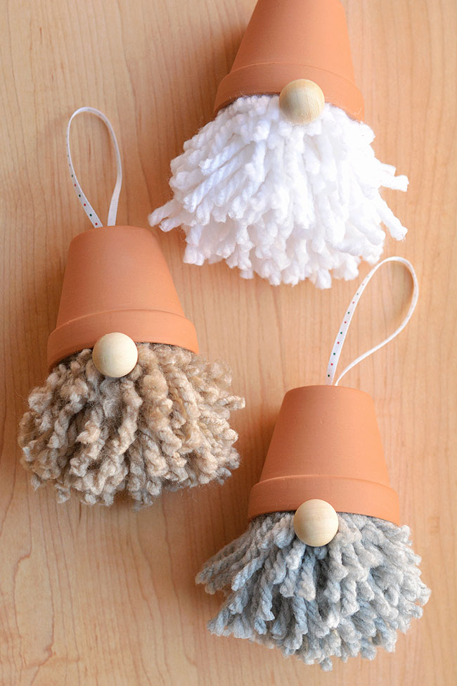 gnome-ornaments Gnome ornaments made from tiny clay pots, yarn and pom poms