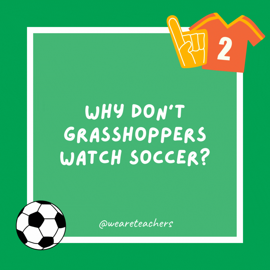 Why don’t grasshoppers watch soccer? They watch cricket instead. Why don’t grasshoppers watch soccer?
They watch cricket instead.
