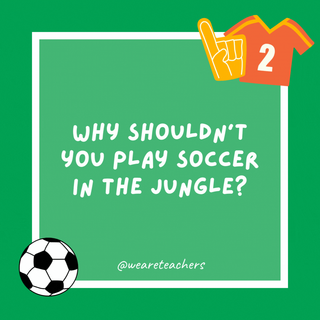 Why shouldn’t you play soccer in the jungle? There are too many cheetahs! Why shouldn’t you play soccer in the jungle?
There are too many cheetahs!
