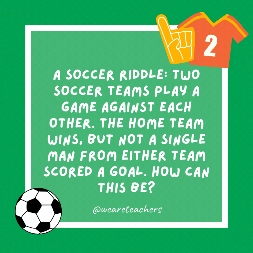 A soccer riddle: Two soccer teams play a game against each other. The home team wins, but not a single man from either team scored a goal. How can this be? They were women’s soccer teams! A soccer riddle: Two soccer teams play a game against each other. The home team wins, but not a single man from either team scored a goal. How can this be?
They were women’s soccer teams!