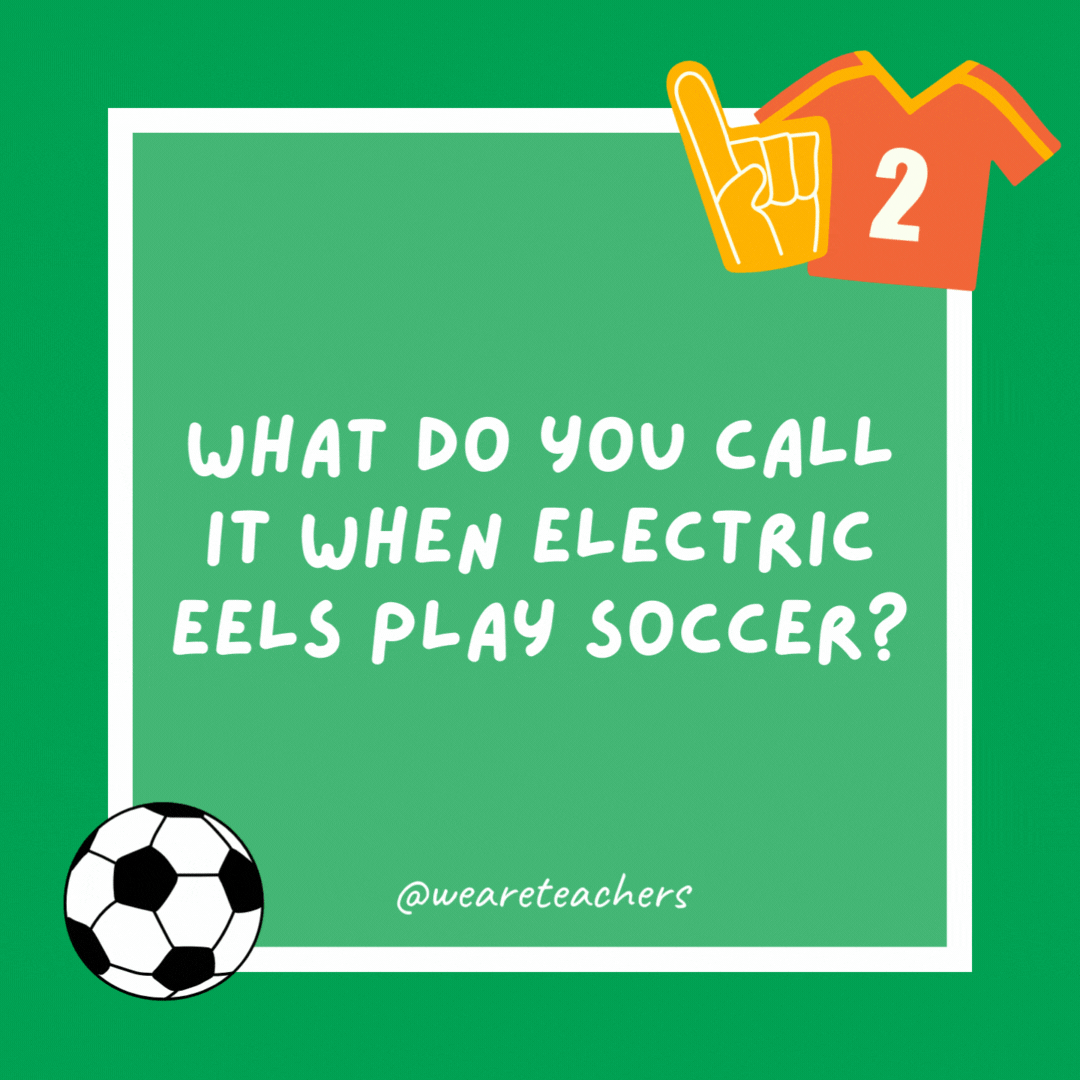 What do you call it when electric eels play soccer? Shocker. What do you call it when electric eels play soccer?
Shocker.