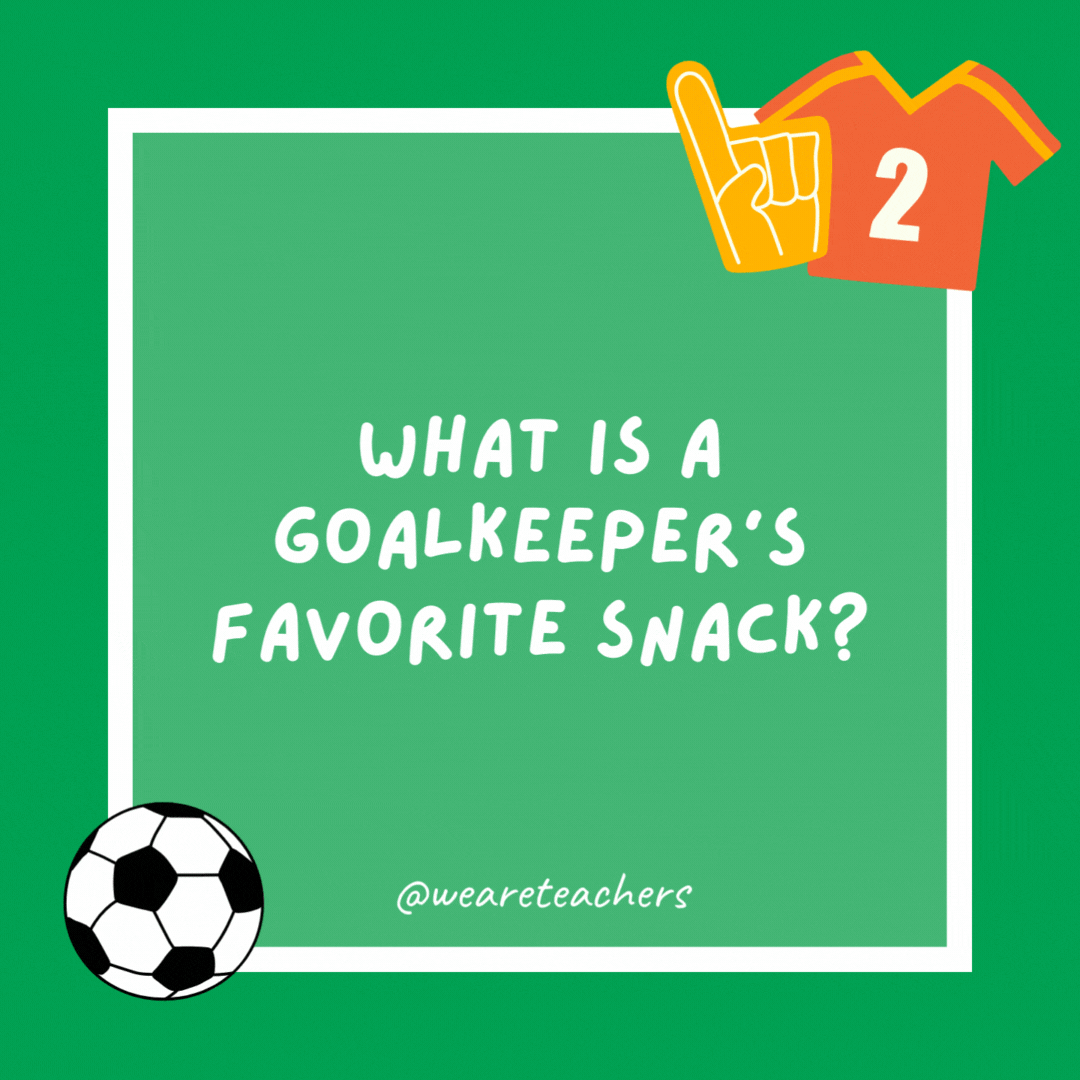 What is a goalkeeper’s favorite snack? Beans on the post. What is a goalkeeper’s favorite snack? Beans on the post.- soccer jokes