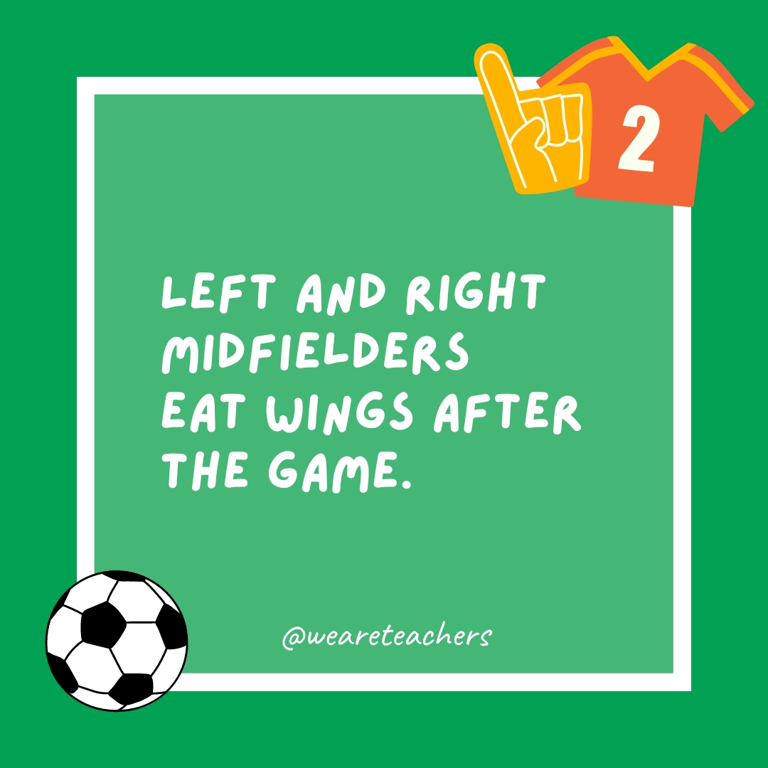 Left and right midfielders eat wings after the game. Left and right midfielders eat wings after the game.- soccer jokes