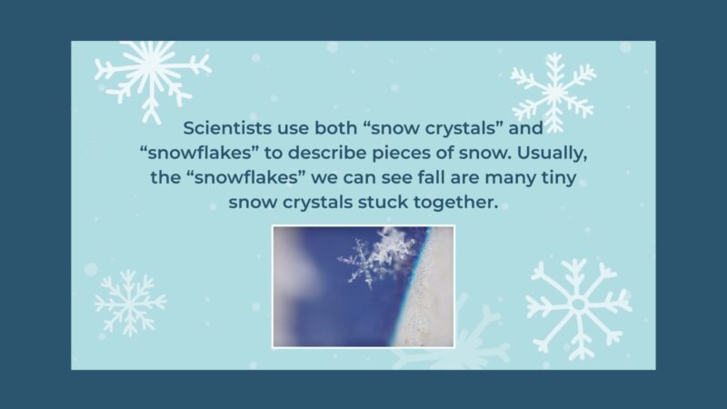 What Are Snow Flakes Made of? Slide with photo and graphics of snowflakes that says Scientists use both “snow crystals” and “snowflakes” to describe pieces of snow. Usually, the “snowflakes” we can see fall are many tiny snow crystals stuck together.