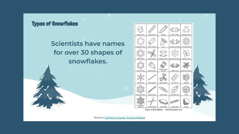 Snow Fact: 30 Types of Snowflakes Slide with images and information about how scientists have names for over 30 types of snowflakes.