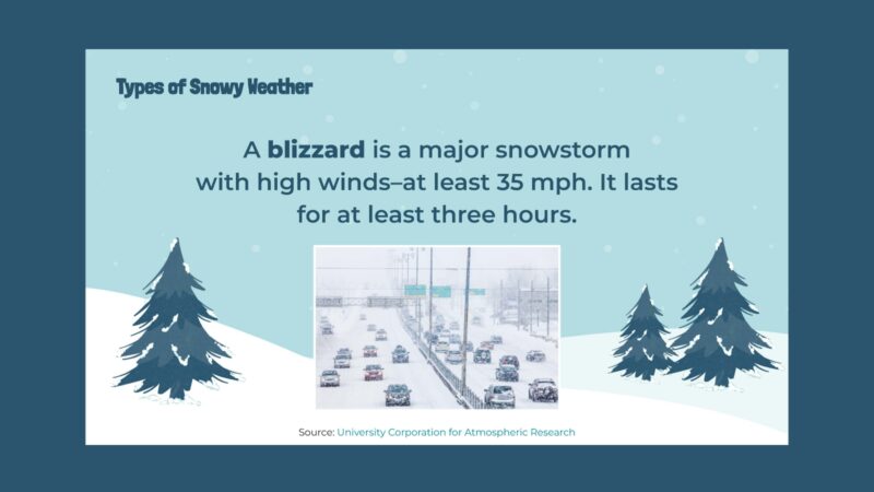 Snow Fact: Blizzards Slide with images and information about blizzards.