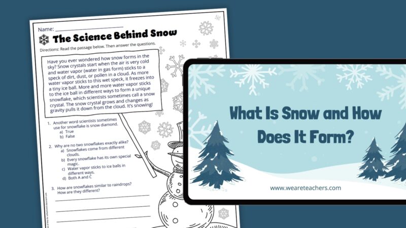 What is Snow? Tablet screen with What Is Snow slideshow and a related snow reading comprehension worksheet for students.