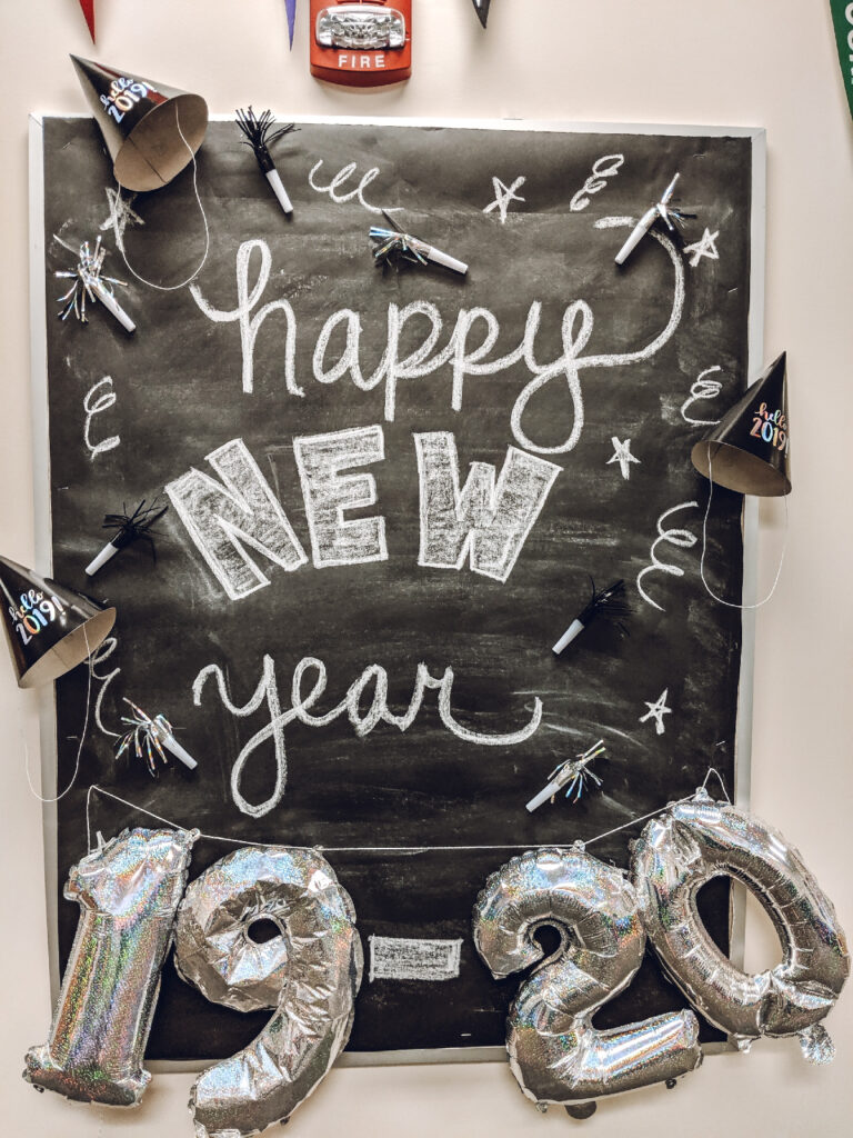 New Year Bulletin 19-20 New year bulletin board ideas include this black bulletin board that says Happy New Year with balloons on the bottom that say 19-20. Party hats and horns are also attached.