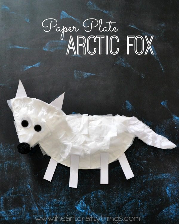paper-plate-arctic-fox Winter fox craft made from paper plates and tissue paper as an example of classroom winter crafts