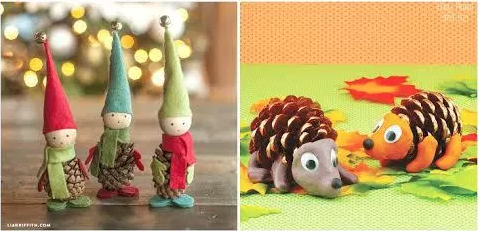 Screen Shot 2018-11-14 at 10.58.26 AM Pine cone crafts that look like elves and hedgehogs.