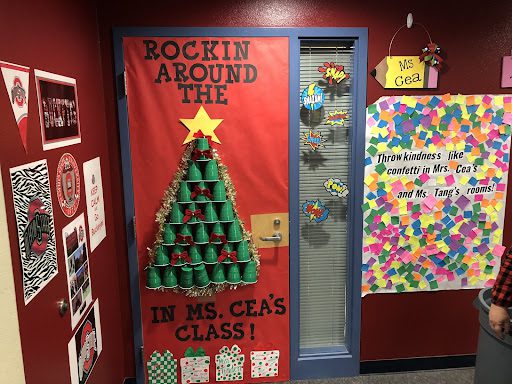 Winter Classroom Doors: Tree Door with words "Rockin around the... In Ms. Cea's class!"