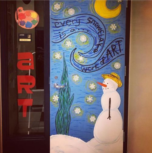 Winter Classroom Doors: Vincent Van Snow winter classroom doors include this one decorated with a snowman in a Van Gogh style