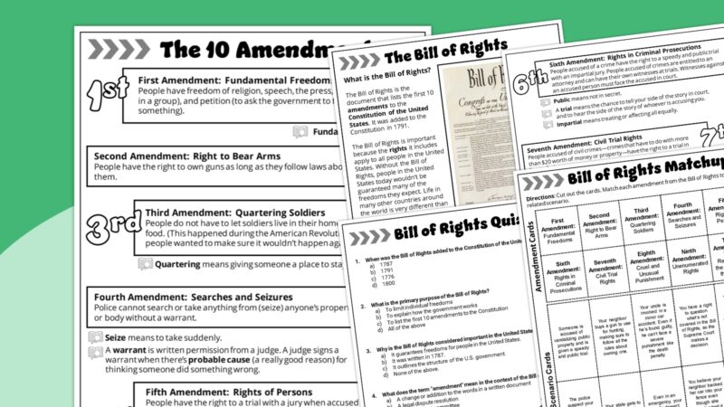 Bill of Rights Worksheet Bundle Collage of a bundle of Bill of Rights Worksheets