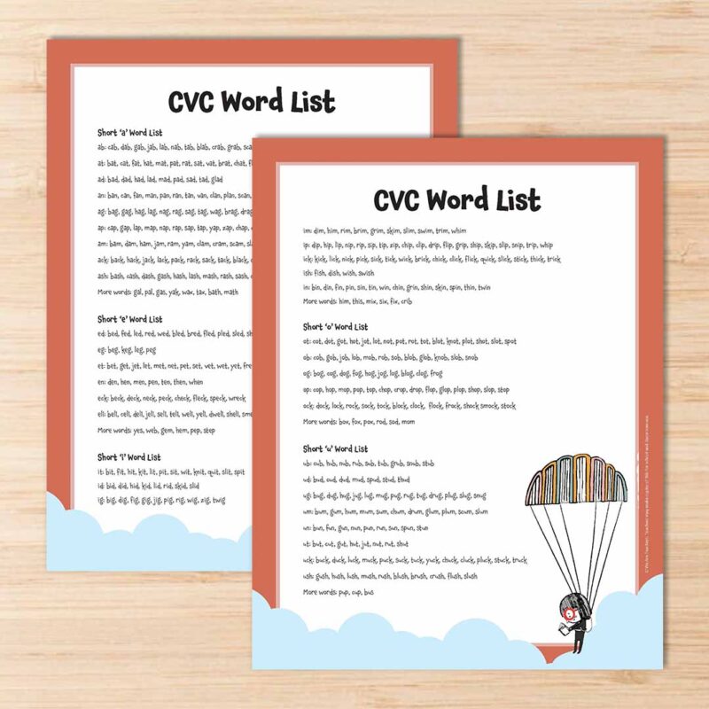 CVC Word Lists Two printable CVC word list on a desk.